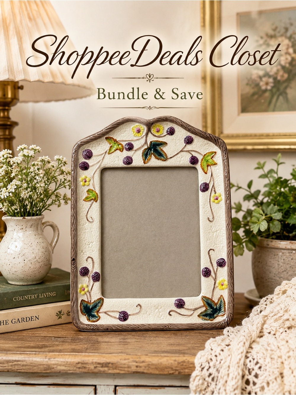 Vintage Terragrafics Ceramic Berry Vine Picture Frame – Large Tabletop Frame